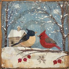 two birds are sitting on a branch in the snow, one is red and the other is blue