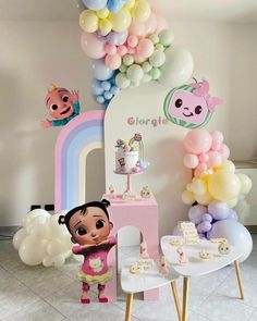 a birthday party with balloons and decorations on the wall, including a table for children's birthdays