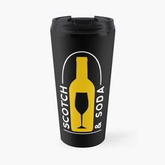 a black and yellow travel mug with the words scotchs and a wine glass on it