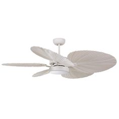 a white ceiling fan with two blades on it's sides and one light on the other side