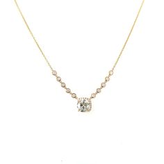 Experience ultimate luxury with our handcrafted unique diamond necklace. The stunning 1.22ct cushion cut diamond center is complemented by 22 smaller diamonds, which total 0.21 carats. This piece features 5 bezel set diamonds on each side of the chain, as well as a partial halo design. Elevate any outfit with this one-of-a-kind piece in 18k yellow gold. Fine Jewelry Diamond Necklace With Rose Cut, Cushion Cut Cubic Zirconia Fine Jewelry Necklace, Luxury Cushion Cut Diamond Accent Necklace, Luxury Diamond Cushion Cut Necklace, Cushion-cut Diamond Necklace With Single Cut Diamonds, Cushion Cut Cubic Zirconia Fine Necklace, Cushion Cut Diamond White Cubic Zirconia Necklace, Fine Jewelry Diamond Necklace With Cushion Cut, Luxury Cushion Cut Cubic Zirconia Necklace