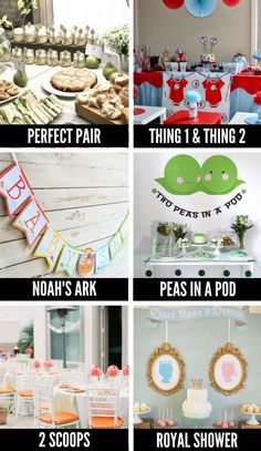 a series of pictures showing different themes for a baby's first birthday party, including cake and desserts