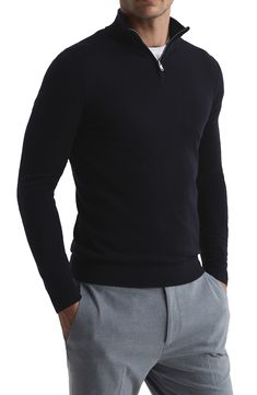 A stand collar and quarter-zip closure bring classy ease to a fitted sweater knit from expertly dyed mélange wool. 26" length (size Small) Stand collar Long sleeves 100% wool Hand wash, dry flat Imported Quarter Zip Outfit Men, Jumper Outfit Men, Quarter Zip Outfit, Dark Grey Suit, Work Wear Men, Sweater Outfits Men, Dark Gray Suit, Black Outfit Men, Jumper Outfit