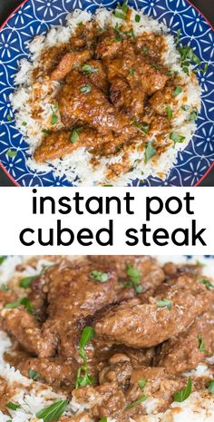 two plates filled with different types of food and the words instant pot cubed steak