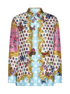 >silk, 100% | Versace Women's Printed Long-sleeved Shirt in Light Blue/Ivory/Pink | FW23/24 Versace Shirts, Versace Print, Silk Butterfly, Pointed Flat Collar, Polka Dot Background, Printed Silk Shirt, Versace Shirt, Flat Collar, Medusa Head