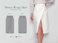 Wrap Skirt Sewing Pattern - Instant Downloadable PDF - Easy, Beginner-Friendly - Detailed Instructions - EU 32-50, US 02-20 - Metro Wrap Skirt.  'Metro Wrap Skirt'  is perfect for any occasion. It is a versatile midi wrap skirt that transcends seasons and settings, from office elegance to evening grace. 🌟 Skirt Features: * Chic Wrap Skirt Front: The asymmetrical front wrap provides a sleek and adjustable fit. * Elegant Mitered Hem: Crafted for a clean, diagonal finish that adds a sophisticated touch. * Comfortable Waistband: Designed for a smooth fit that flatters the waist. * Secure Closure: Features snap fasteners for the outer fold and a button/buttonhole for the inner fold,  ensuring the skirt stays beautifully in place. 👗 Fabric Recommendations: Main fabric: Chose materials that are Easy Sewing Skirt, Diy Wrap Skirt Pattern, Wrap Around Skirt Pattern, Asymmetrical Skirt Pattern, Diy Skirt Tutorial, Diy Wrap Skirt, Wrap Skirt Sewing, Womens Skirt Pattern, Linen Skirt Midi