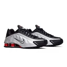 Originally Released In 2000, This 2019 Remake Of The Shock R4 Is Finished In The Og Black And Metallic Silver Colorway. The Build Is True To The Original, Highlighted By Molded Metallic Silver Paneling With Black Leather Trim Around The Toe, Eyestay, And Heel. Contrasting Pops Of Red Are Most Noticeable On The Nike Shox Pillars At The Heel, Delivering A Literal Bit Of Spring With Each Step. Style Code:Bv1111-008 Size:10(44)Men’s Condition: Pre-Owned But In Good Condition. No Box. Shox Nike, Nike Shox Shoes, Nike Shox R4, Nike Shox, Mens Shoes Sneakers, Leather Trim, Leather Trims, Nike Men, Metallic Silver