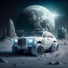 an suv with lights on driving through the desert in front of a full moon sky