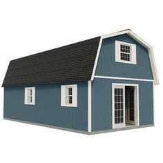 a small blue house with white trim and windows on the roof, is shown in front of a white background