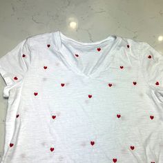 Never Worn 100%Cotton Embroidered Heart Tshirt Size L Casual V-neck Top With Heart Print, V-neck Top With Heart Graphic For Summer, White Heart-shaped T-shirt For Spring, Spring Heart Patch Crew Neck Top, Spring Crew Neck Top With Heart Patch, White Heart Print T-shirt For Summer, White Heart Print T-shirt For Spring, Heart Print Relaxed Fit Short Sleeve Tops, Trendy Embroidered V-neck Tops