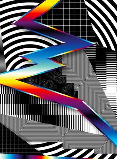 an abstract background with different colored lines and shapes in black, white, red, blue, green, yellow