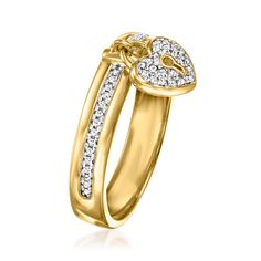 Ross-Simons - .10ct t. w. Diamond Heart Lock Ring in 18kt Gold Over Sterling. Size 5. For the love of sparkle! Our charming heart lock ring glitters with .10 ct. t. w. round diamonds in polished 18kt yellow gold over sterling silver. A sweet style to add to your everyday stacks! 1/8" wide. Diamond heart lock ring. Diamond birthstones are the perfect gift for April birthdays. Luxury Hallmarked Gold Heart Ring, Adjustable Heart-shaped Yellow Gold Rings, Adjustable Yellow Gold Heart-shaped Rings, Gold Jewelry With Heart-shaped Lock, Yellow Gold Heart Ring With Charm, Fine Jewelry, Lock Ring, Heart Lock, April Birthday, Diamond Birthstone