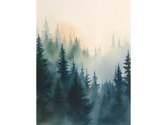 a painting of trees in the foggy forest