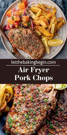 air fryer pork chops on a plate with french fries