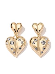 gold-tone brass glass heart pendant crystal embellishment for pierced ears This piece comes complete with a protective dust bag. These earrings come as a pair. Gold Heart Earrings With Heart Detail, Elegant Gold-tone Earrings For Valentine's Day, Gold Double Heart Crystal Jewelry, Gold Heart Shaped Crystal Earrings For Party, Gold Heart Pendant Earrings For Party, Gold Crystal Earrings For Valentine's Day, Glamorous Crystal Heart Earrings, Gold Heart-shaped Crystal Earrings For Pierced Ears, Gold Double Heart Earrings For Party