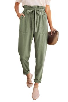 Green Paper Bag Elastic Waistband Casual Pants Casual Spring Cargo Pants With Paperbag Waist, Casual Cargo Pants With Paperbag Waist, Spring Cargo Pants With Paperbag Waist, Spring Cargo Pants With Paperbag Waist And Pockets, Casual Paperbag Waist Khaki Pants, Casual Paperbag Waist Pants With Belt Loops, Casual Khaki Paperbag Waist Pants, Casual Pants With Paperbag Waist And Belt Loops, Khaki Paperbag Waist Pants With Pockets