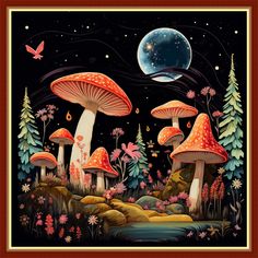 a painting of mushrooms and butterflies in the night sky