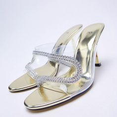 Zara Sparkly Rhinestone Heeled Vinyl Sandals. Size 7-7.5 Nwt Eu 38 Metallic Gold Luxury Silver Sandals With Rhinestones, Silver Sandals With Rhinestones For Events, Glamorous Clear Sandals With Rhinestones, Silver Rhinestone Event Sandals, Silver Heels With Single Toe Strap For Night Out, Embellished Clear Open Toe Heels, Sparkling Silver Sandals For Formal Occasions, Zara Silver Heels With Rhinestones, Zara Silver High Heels