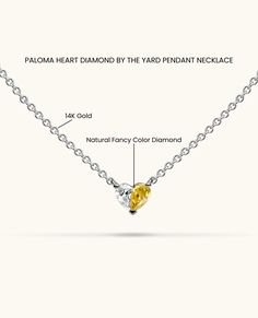 Introducing Paloma's iconic Heart necklace, a unique design that beautifully spotlights a fancy yellow diamond perfectly paired with a glistening white diamond, forming a flawless heart motif. The chain is adorned with diamonds by the yard, creating a radiant sparkle from every angle. Luxury Yellow Necklaces With Diamond Accents, Luxury Yellow Necklace With Diamond Accents, Yellow Diamond Fine Jewelry Necklace, Fine Jewelry Yellow Diamond Necklace, Luxury Diamond White Necklace With Heart Charm, Yellow Diamond Necklace In Fine Jewelry Style, Luxury Yellow Diamond Necklace With Accents, Luxury Yellow Necklace With Brilliant Cut, Diamond Heart Pendant Necklace With Single Diamond