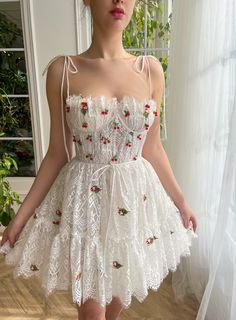 Cherry Crystal Couture Mini Dress | Teuta Matoshi Crystal Couture, Vintage Homecoming Dresses, Teuta Matoshi, Homecoming Dress Short, Mini Homecoming Dresses, Cherry Dress, Short Homecoming Dress, Custom Size Dresses, Lace Neckline