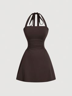 Women's Grey V-Neck Waist-Cinching A-Line Dress Chocolate Brown Sexy  Sleeveless Knitted Fabric Plain A Line,Cami Medium Stretch  Women Clothing, size features are:Bust: ,Length: ,Sleeve Length: Homecoming Dresses Brown, Cute Brown Dress, Little Brown Dress, Medium Length Dress, Chocolate Brown Dress, Dark Brown Dress, Short Dress Styles, Pretty Prom Dresses, Trapeze Dress