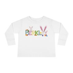 Easter Personalized Toddler Long Sleeve Tee - Amazing Faith Designs Cute Customizable Long Sleeve T-shirt, Long Sleeve Tops With Graphic Print For Birthday, Customizable Cute Long Sleeve Top, Cute Customizable Long Sleeve Top, White Long Sleeve T-shirt For Playtime, Playful Long Sleeve Customizable Tops, Customizable White Long Sleeve T-shirt, Personalized White Tops For Playtime, Playful Personalized White Tops