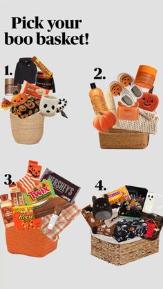 a basket filled with lots of different items and text that says pick your boo - baskets