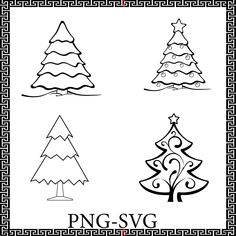 four different christmas trees with the word png - svg in black and white