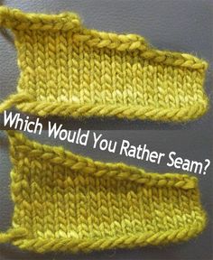 two yellow knitted scarves with the words which would you rather seam?