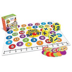 a number line game with numbers and dices on the table, next to it's box