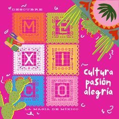 an image of a poster with cactuses and mexican symbols on it's side