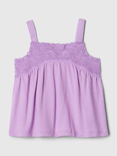 Soft cotton tank top.  Square neck.  Tank straps.  Lace detailing at chest.  Straight, easy fit.  Hits at the hip.  Sizes range from baby to toddler. Cotton Tank Top, Lace Tank Top, Baby Gap, Lace Tank, Toddler Boys, Square Neck, Lace Detail, Lilac, Gap