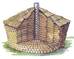 an image of a small hut made out of wood and grass with the text, 28x19 - pinterest com