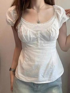 U Neck Puff Sleeve Short Sleeve Blouse Cute White Square Neck Top, White Flat, Sling Dress, White Flats, U Neck, Short Sleeve Blouse, White Lace, Free Size, Puff Sleeve