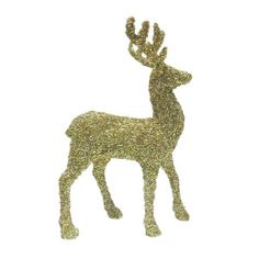 a gold glitter deer ornament on a white background