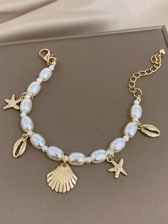 Gold  Collar  Zinc Alloy   Embellished   Women's Fashion Jewelry Sea Vibe, خواتم خطوبة, Surf Jewelry, Vacation Jewelry, Preppy Jewelry, Pretty Jewelry Necklaces, Faux Pearl Bracelet, Pearl Decor, Beads Bracelet Design