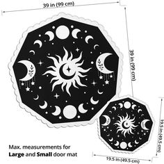 the measurementss for large and small door mat are shown in black with white designs