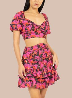 The Celia 2-Piece Candy Set will have you showing up with style and attitude. Influenced by style of numerous American immigrant cultures, this breezy matching fun printset featuring a cropped top with puff sleeves and a criss-crossed tie back, and a tired flare skirt to finish the sweet yet sassy style. Material: Polyester Hand Wash, Cool iron Sold as a set Top With Puff Sleeves, Sassy Style, Cropped Top, Tie Backs, Flare Skirt, Tie Back, The Sweet, Puff Sleeves, 2 Piece