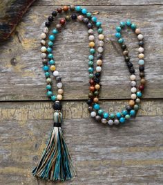 Long Beaded Tassel Necklace - 6MM Jaspers, Natural Tassel Necklace Boho, Diy Collier, Long Tassel Necklace, Beaded Tassel Necklace, Beaded Jewelry Patterns, Styl Boho, Mala Necklace, Mala Beads, Precious Jewelry