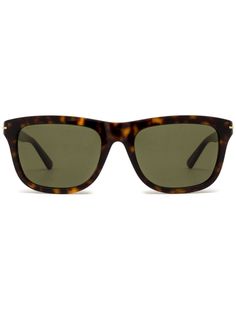 green acetate logo stamp at side tortoiseshell effect square frame green tinted lenses straight arms curved tips These glasses come with a protective case. Gucci Sunglasses Green, Gucci Eyewear, Logo Stamp, Sunglass Frames, Tortoise Shell, Square Frames, Protective Cases, Top Brands, Sunglasses Accessories