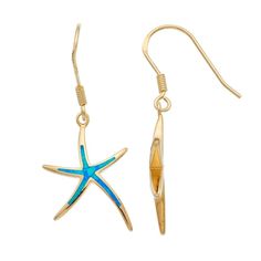 Showcase your seaside style when you don these alluring lab-created blue opal starfish earrings.EARRING DETAILSLength: 1.22 in. Backings: fishhookMetal: sterling silverPlating: 14k goldPackaging: boxedSTONE DETAILSStone type: lab-created blue opalTotal weight: 1 ct.Setting: inlayGemstones may have been treated to enhance their appearance. Special care may be required.  Size: One Size. Gender: female. Age Group: adult. Material: Gold Over Sterling. Elegant Blue Starfish Charm Jewelry, Elegant Blue Jewelry With Starfish Charm, Sterling Silver Starfish Earrings, Ocean-inspired Sterling Silver Jewelry With Ear Wire, Nickel-free Starfish Earrings Ocean-inspired, Sterling Silver Starfish Charm Earrings, Sterling Silver Starfish Earrings With Charm, Sterling Silver Starfish-shaped Earrings With Charm, Starfish Ear Wire Jewelry As Gift