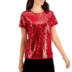 Nwt Charter Club Women's Sequined Short Sleeve Top In Ravishing Red! Give Your Wardrobe A Sparkling Update With This Sequined Top From Charter Club, Perfect With Skinny Jeans. Original Price $59.50 Size Medium, Small Sku # 3m 73 Christmas Sequin Tops, Red Sequined Top For Christmas, Red Tops For Festive Party Season, Red Festive Top For Party Season, Luxury Jeans, Black Blouse Women, Sequined Top, Petite Blouses, Club Tops