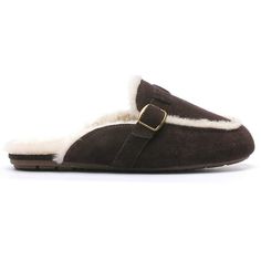 Open back slipper with soft faux fur lining has a decorative strap detail. The genuine suede upper has faux fur trim. The padded insole offers comfort and the indoor/outdoor outsole is durable enough for all day wear. Size: 12.  Color: Brown.  Gender: female.  Age Group: adult. Winter Suede Slippers With Cushioned Footbed, Closed Toe Suede Slippers For Winter, Suede Slip-on Indoor Slippers, Indoor Suede Slip-on Slippers, Cushioned Slip-on Faux Fur Slippers, Suede Slippers With Plush Lining And Round Toe, Brown Suede Indoor Slippers, Brown Suede Flat Slippers, Winter Closed Toe Slippers With Leather Footbed