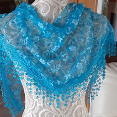 Brand New Without Tag Triangle-Shaped Scarf. Floral Print With Glitter To Add Sparkle And Gorgeous Lace Cascading From The Edges! From A Smoke-Free, Kitten-Friendly Home. Blue Scarf, Lace Detail, Scarf Wrap, Scarf Accessory, Floral Print, Floral Prints, Sparkle, Glitter, Women Accessories