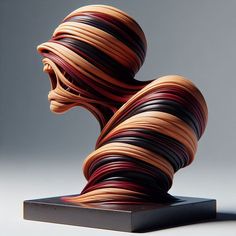 a sculpture made out of strips of wood on top of a black base with a white background