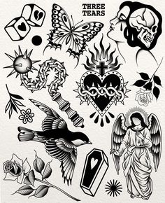 an assortment of tattoos and designs on white paper with black ink, including roses, hearts,