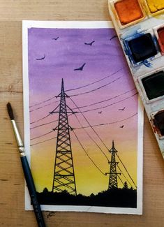 an artist's watercolor painting of power lines and birds in the sky at sunset