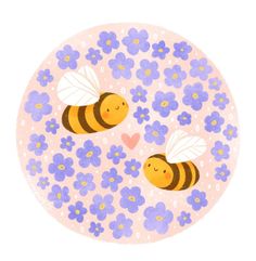 two bees in the middle of blue flowers on a pink background with hearts and stars