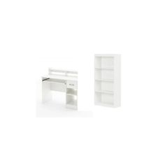 a white desk and book shelf against a white background, with one open drawer on the left side