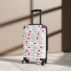 Traveling is best done in style, and suitcases help anyone do exactly that. Available in multiple sizes to accommodate your needs, they come with an adjustable handle, 360-degree swivel wheels, a safety lock, and an adjustable handle for carefree movement through airports and cities.  This bag is designed with high-resolution faux abstract nonlinear original artwork that features the TOP 30 Airport Codes for the Best and the Busiest airports in the world.   To protect the designs, prints go on a canvas surface that is encapsulated in the PC shell.\n.: Material: polycarbonate front and ABS back hard-shell \n.: Adjustable telescopic handle\n.: Two inner pockets\n.: Four double-wheels with 360o swivel \n.: Built-in lock White Rectangular Luggage For Weekend Trips, Rectangular White Luggage For Weekend Trips, White Rectangular Travel Bag With Luggage Sleeve, White Rectangular Luggage For On-the-go, White Rectangular Luggage With Sleeve, White Rectangular Case For Daily Use, White Rectangular Travel Accessories For On-the-go, White Rectangular Travel Accessories For Trips, White Rectangular Travel Accessories For Overnight Trips